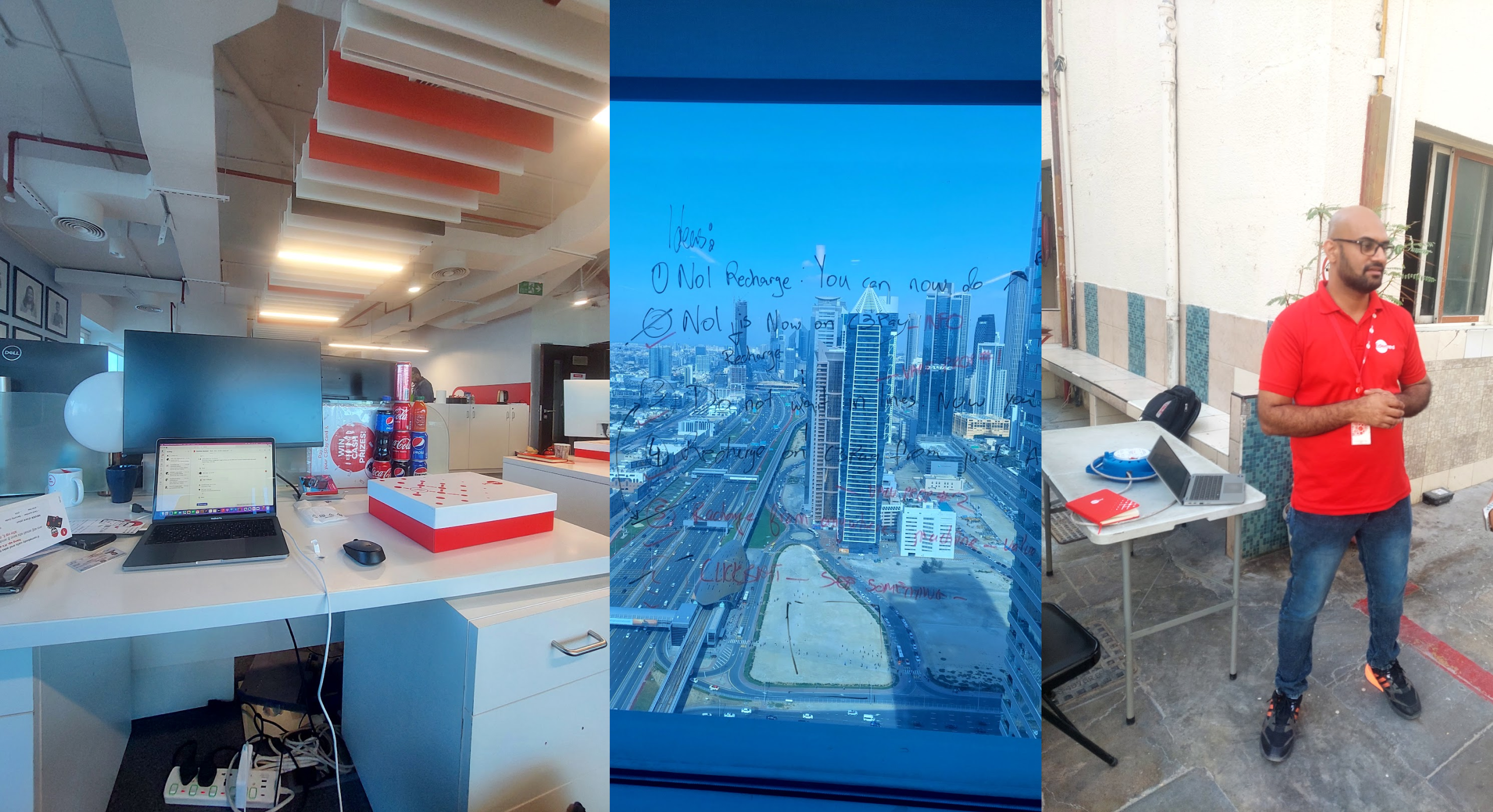 Edenred — the Dubai office desk, ideas whiteboard on a skyline window, and Christo presenting