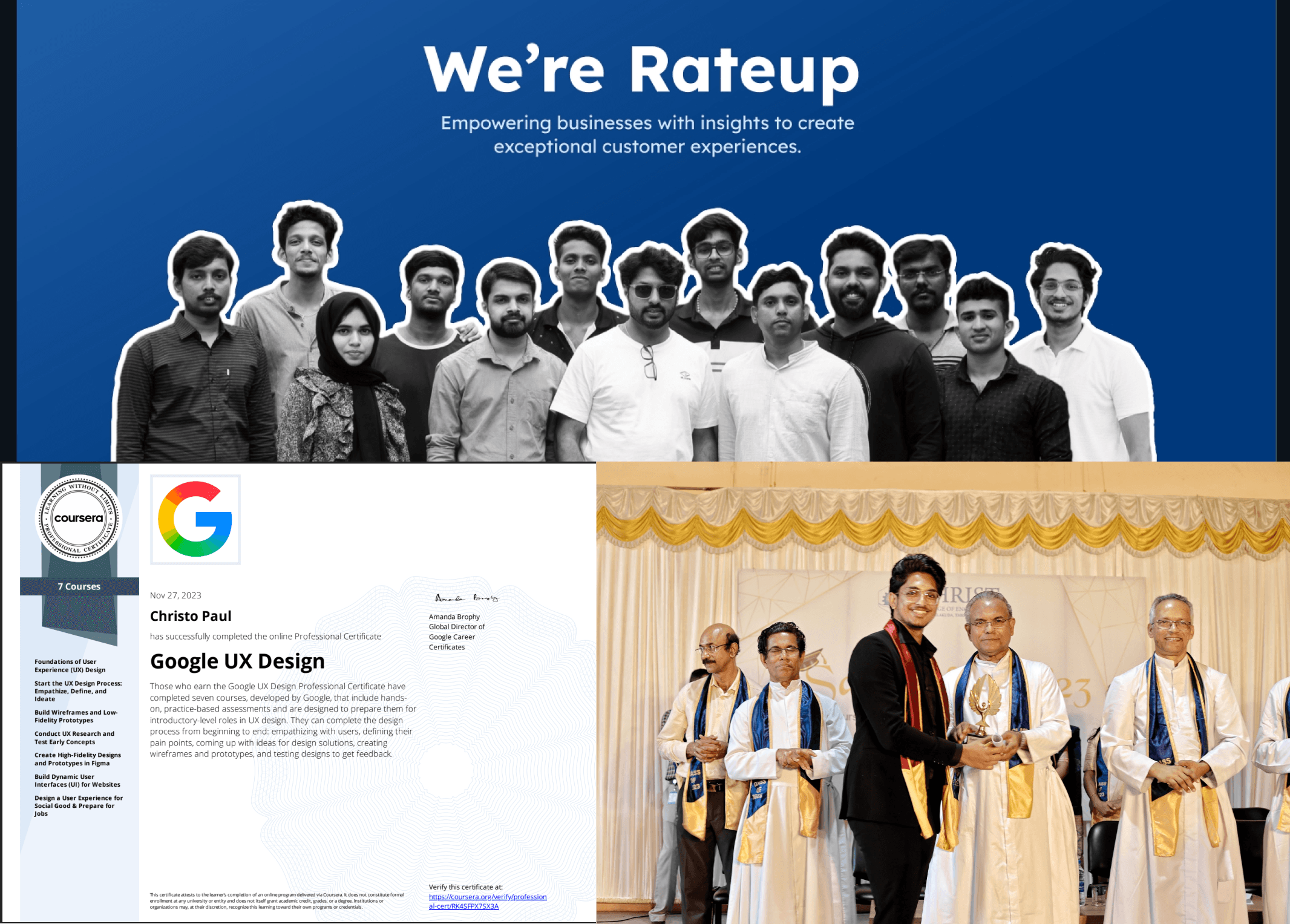 RateUp team, Google UX Design certificate, and Christo receiving an award at graduation