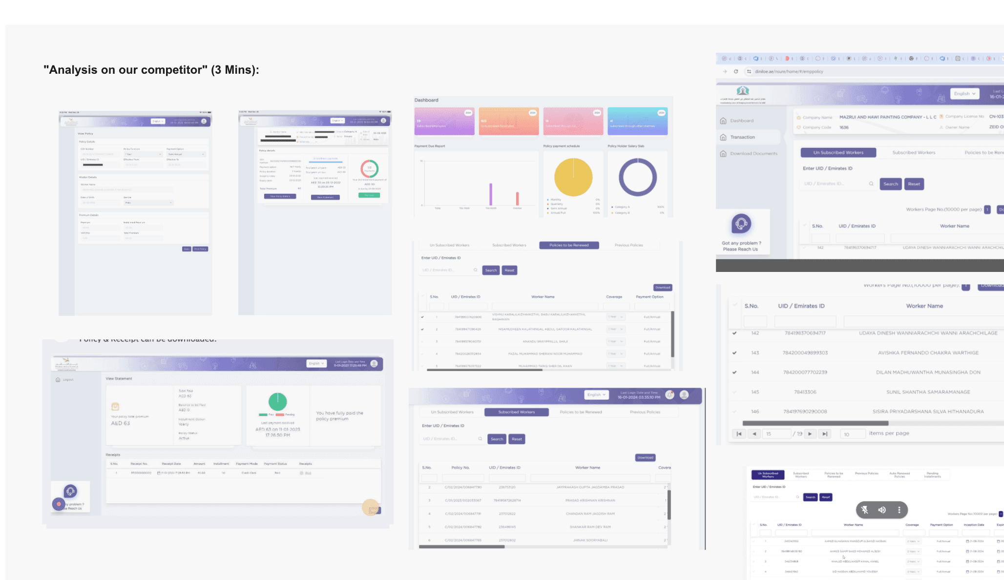Competitor teardown — a grid of Dubai Insurance ILOE portal screens