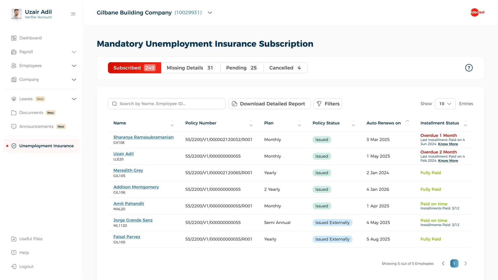 Redesigned Subscribed tab showing Policy Status, Auto-renew date and Installment Status per worker