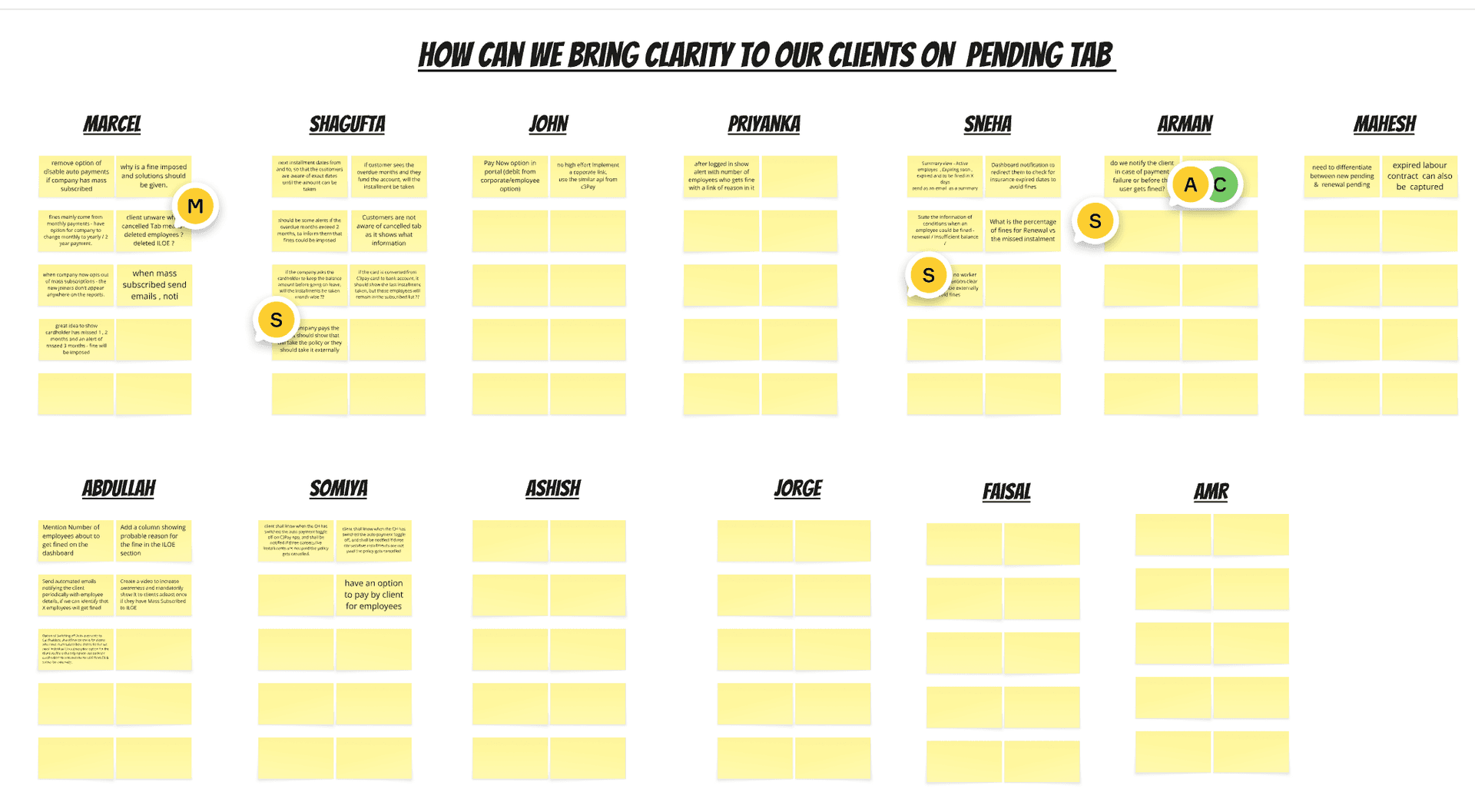 Team brainstorm board — How can we bring clarity to our clients on the pending tab
