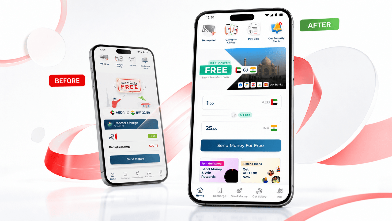 The money transfer screen, before and after the redesign