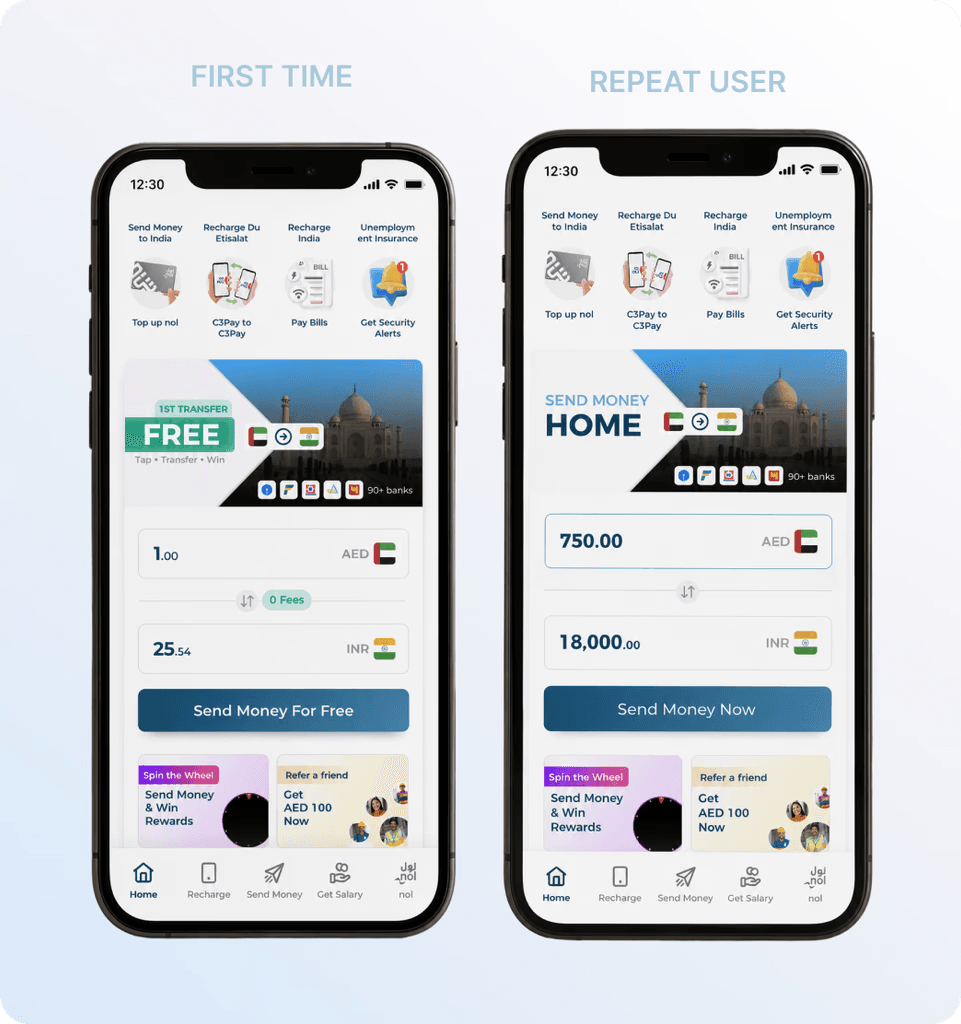 The final live screen — first-time vs. repeat user