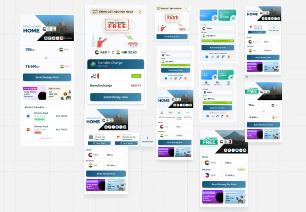 Sketches, wireframes and final frames in sequence